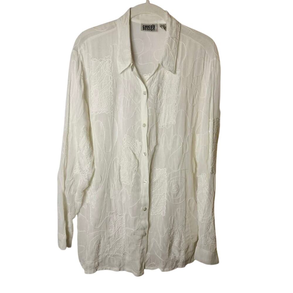 90's Chico's Design Vintage White Button-Down with Cording Embroidery sz. 2/L/12